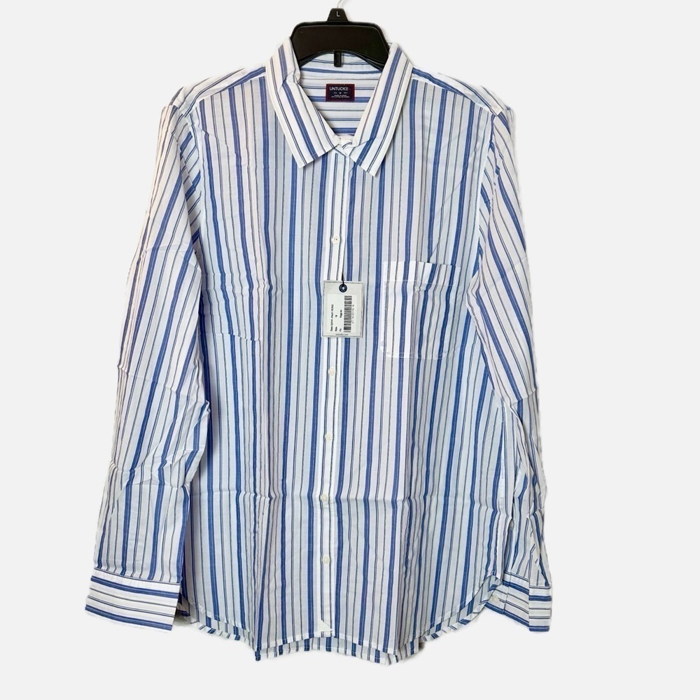 NWT UNTUCKit Pinot Perse Womens Long Sleeve Button Up Blue White Striped